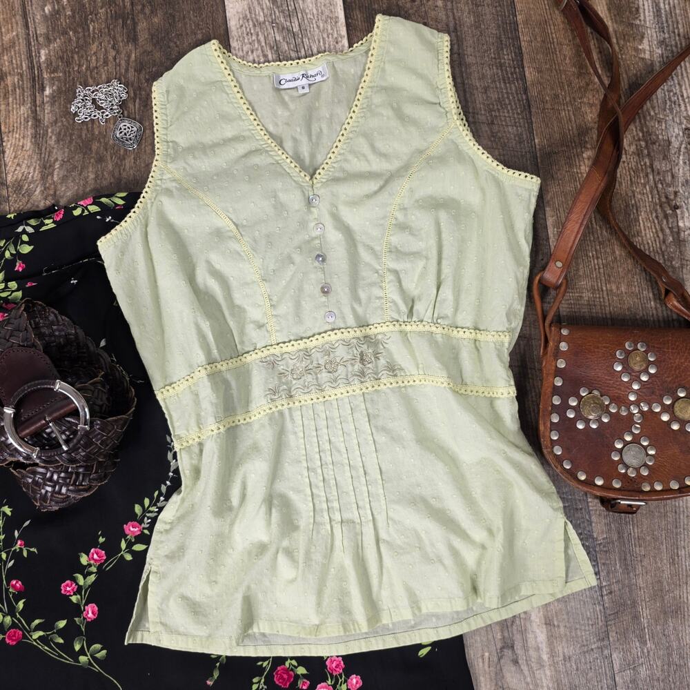 Vintage Claudia Richard Sage Green Swiss Dot Tank Top Cottagecore Boho Small